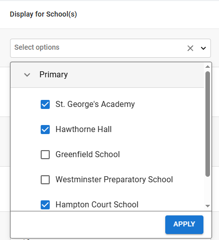 the Display for Schools drop-down list for a metric